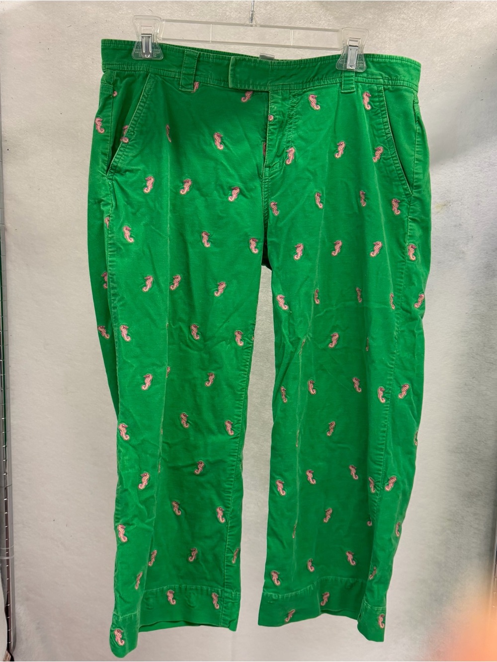 Lilly Pulitzer Green Ankle Pants with Pink Seahorse Embroidery sz 8